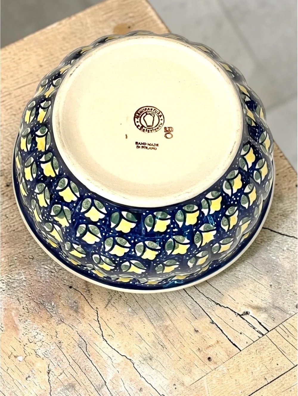 Manufaktura Polish Pottery 9” Serving Bowl Blue Yellow Floral Handmade Poland